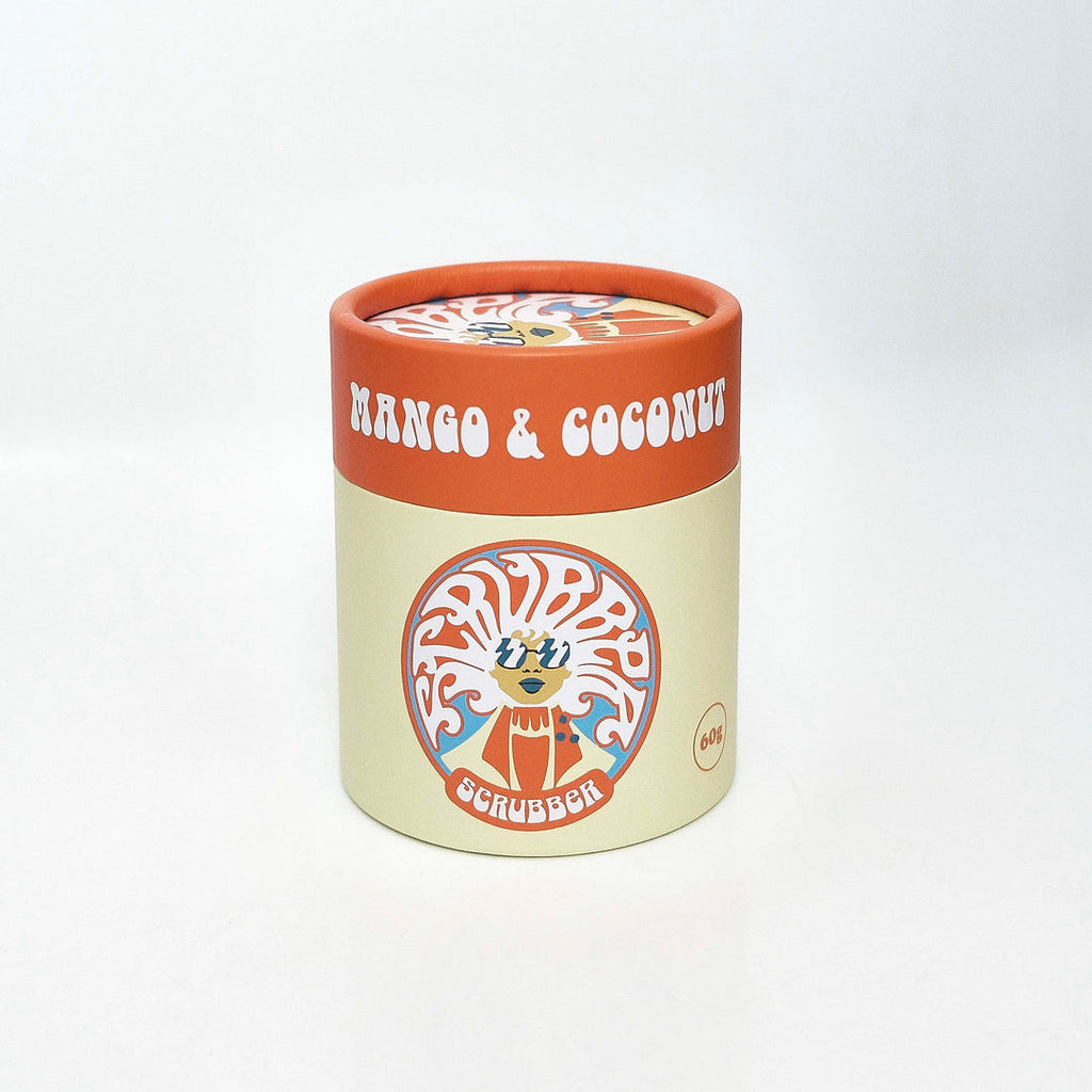  cylindrical container with 'Mango & Coconut' text on a white background. dry shampoo, eco friendly, vegan