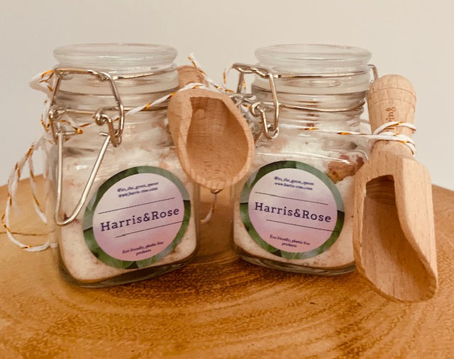mini glass mason jar handmade bath salts with reusable wooden scoop