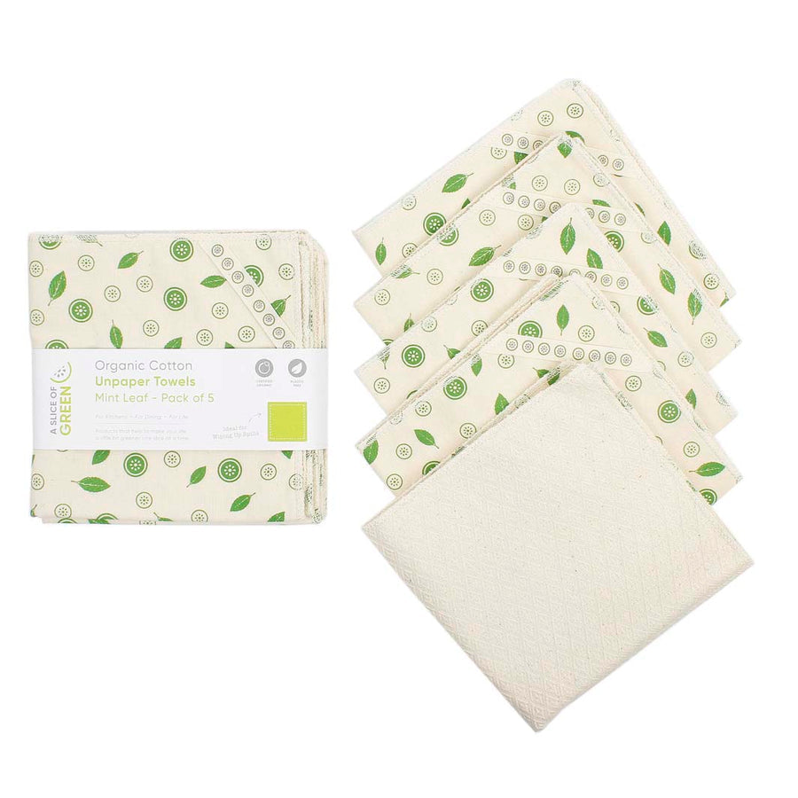 Set of 5 organic cotton unpaper towels with green leaf pattern