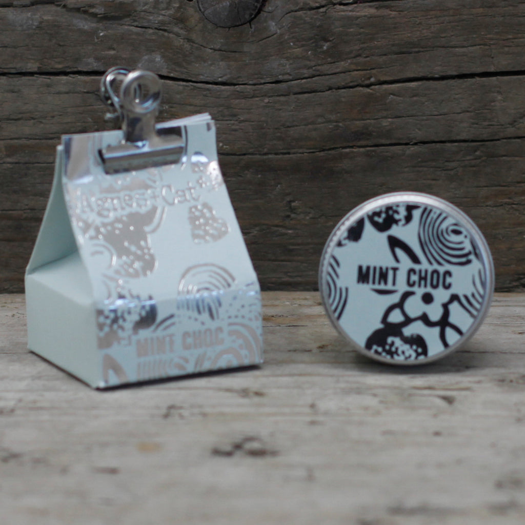 mint chocolate lip balm. plastic free packaging, vegan.