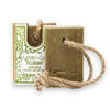 Green soap bar with rope. Agnes & Cat label on a white background. Fellberry fragrance coconut butter soap